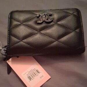 Juicy Couture Black Quilted Zip-Around Wallet with Crystal JC Logo